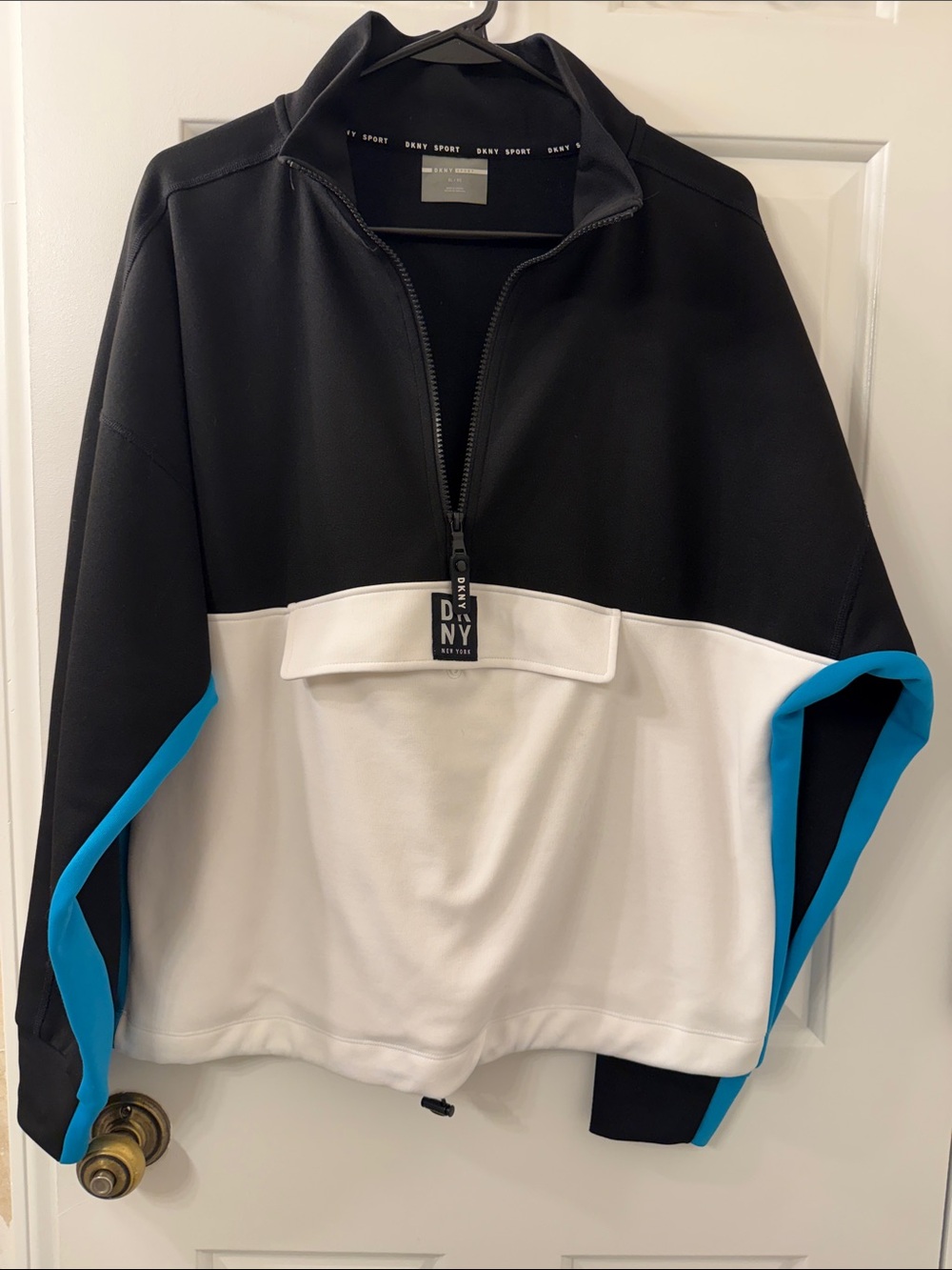Dkny Black White and Blue Zip-Up Colorblock Pullover